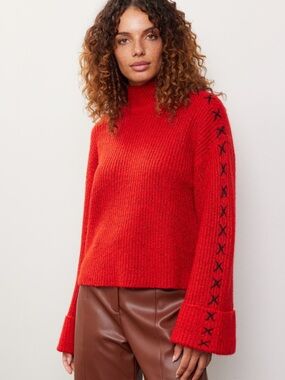 Ashley By 26 International Red Mock Neck Sweater with Black Stitch Detail